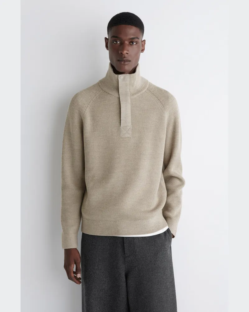 COS Gerippter Wollpullover Mit Kurzem Reissverschluss Beige