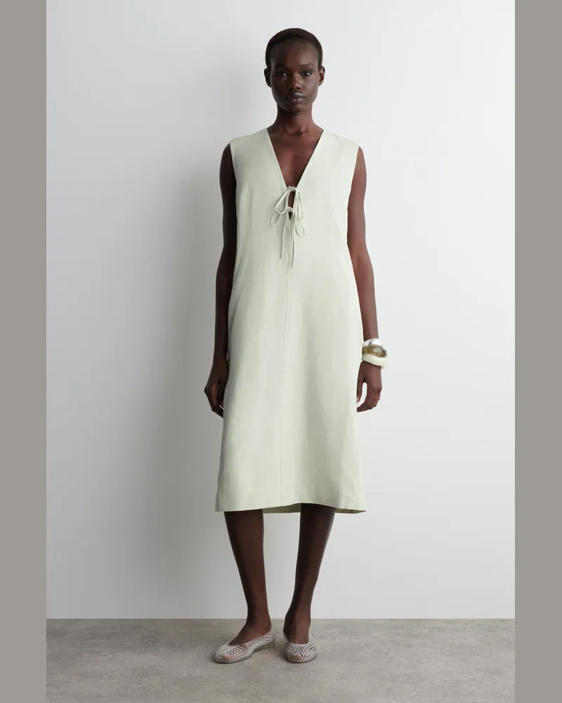 COS Midikleid Aus Leinen-Mix Mit Bindedetail Vorne Grün
