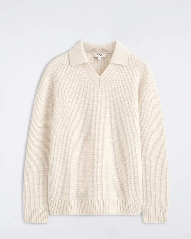 COS Polopullover Aus Wolle In Waffeloptik Weiß