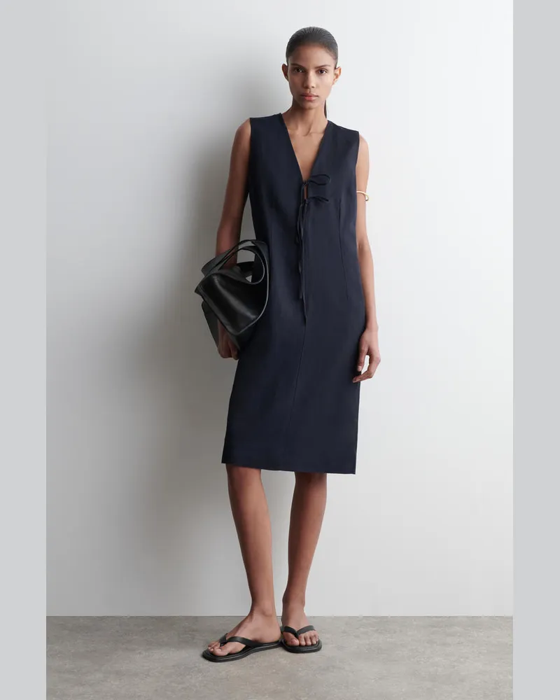 COS Midikleid Aus Leinen-Mix Mit Bindedetail Vorne Blau