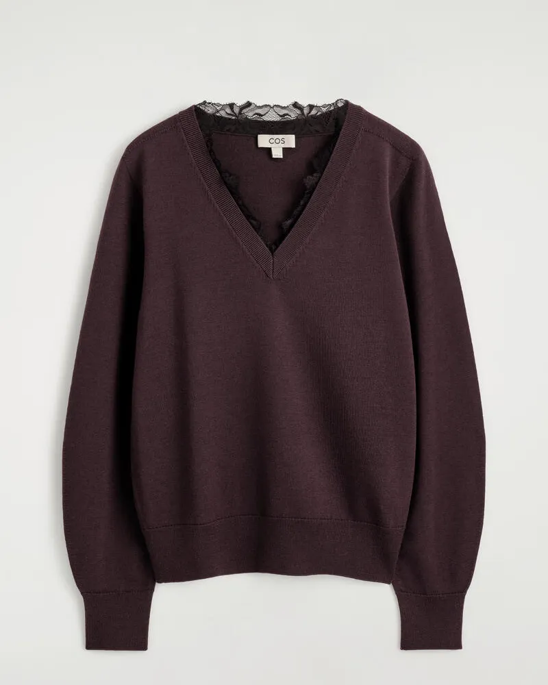 COS Pullover Aus Merinowolle Mit V-Ausschnitt Rot