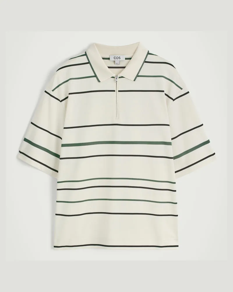 COS Gestreiftes Poloshirt Mit Kurzem Reissverschluss Weiß