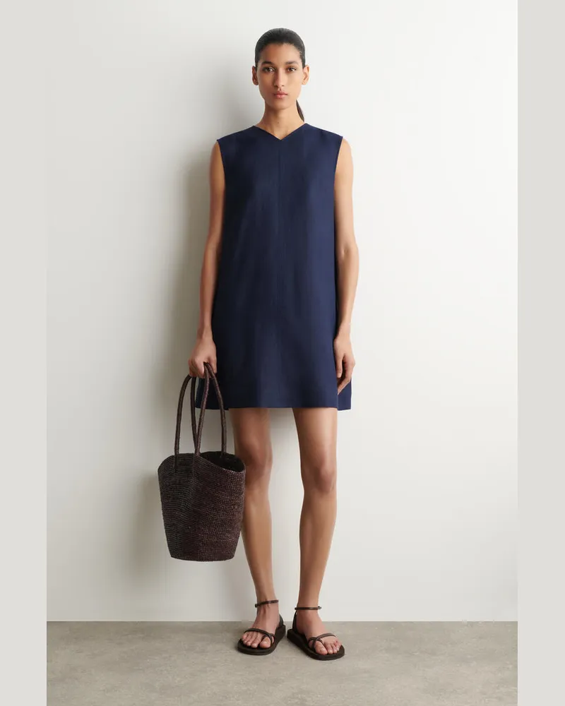 COS V-Neck Open-Back Linen Mini Dress Blau
