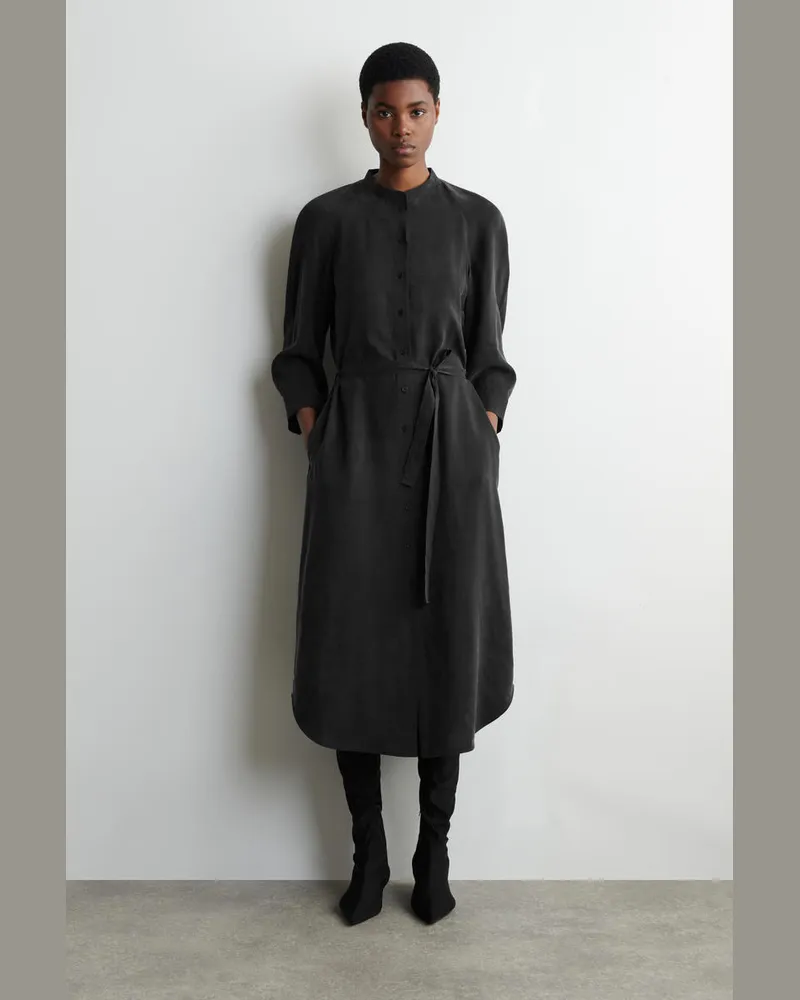 COS Kragenloses Hemdkleid In Midilänge Mit Gürtel Schwarz
