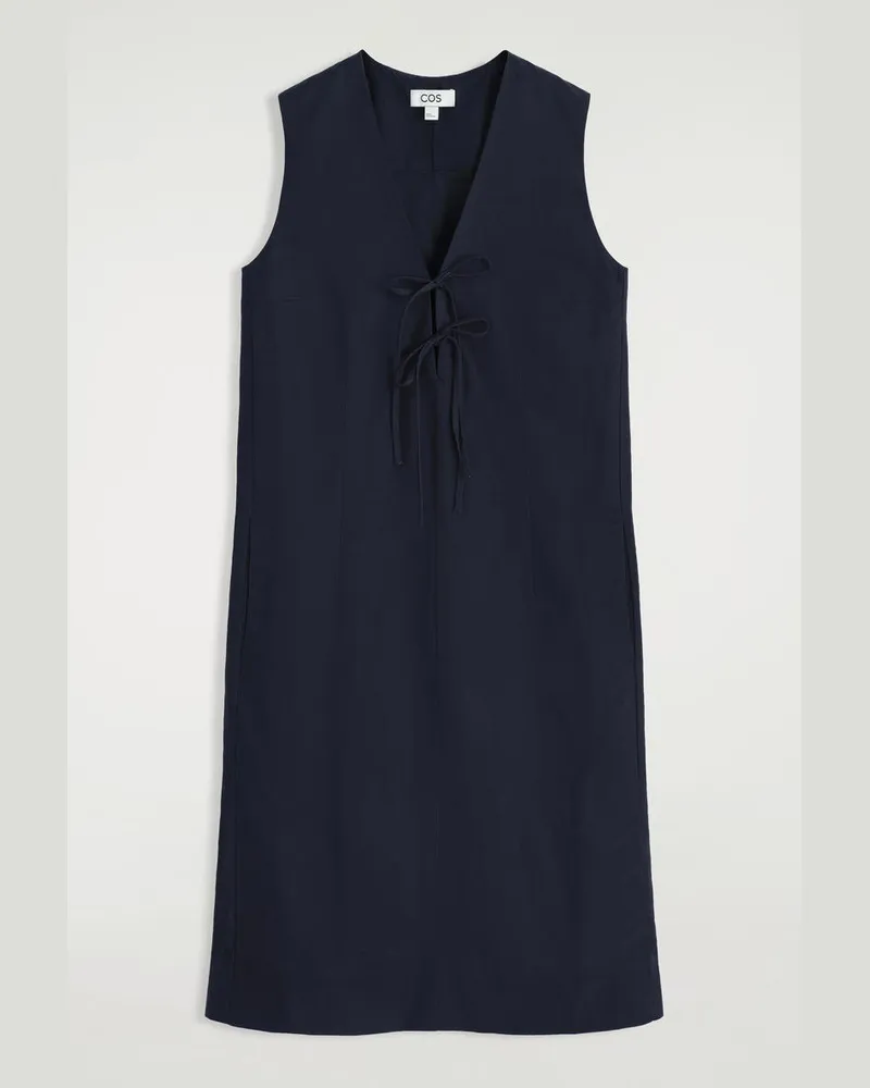 COS Midikleid Aus Leinen-Mix Mit Bindedetail Vorne Blau