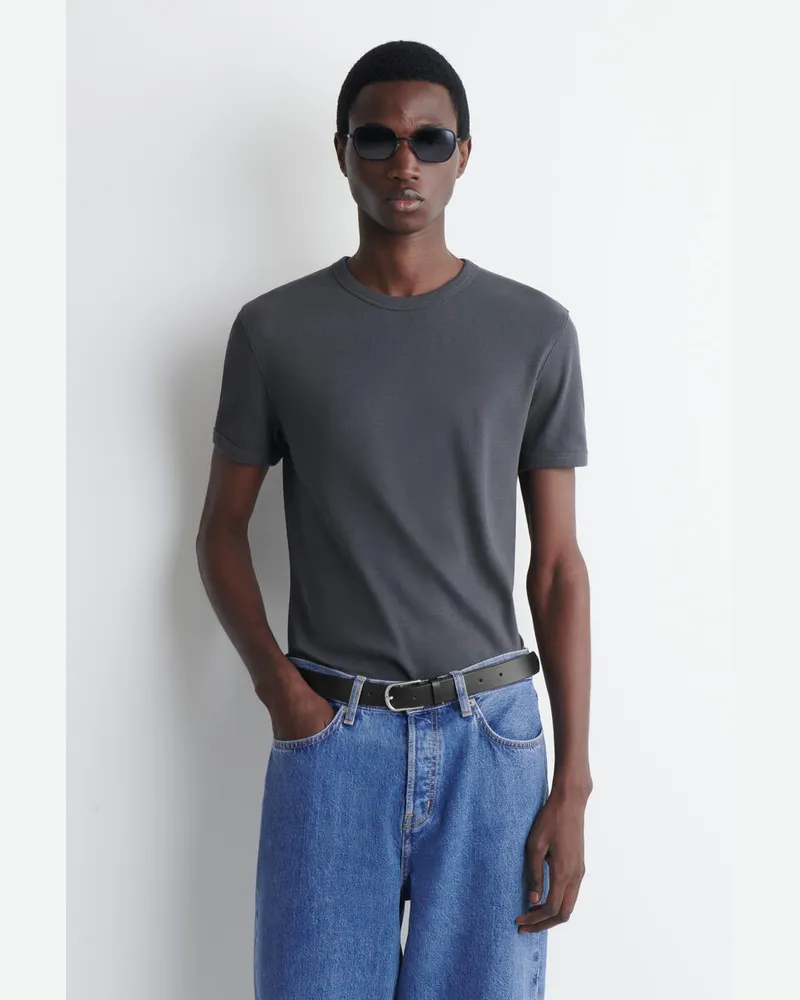 COS Schmal Geschnittenes Geripptes Baumwoll-T-Shirt Grau