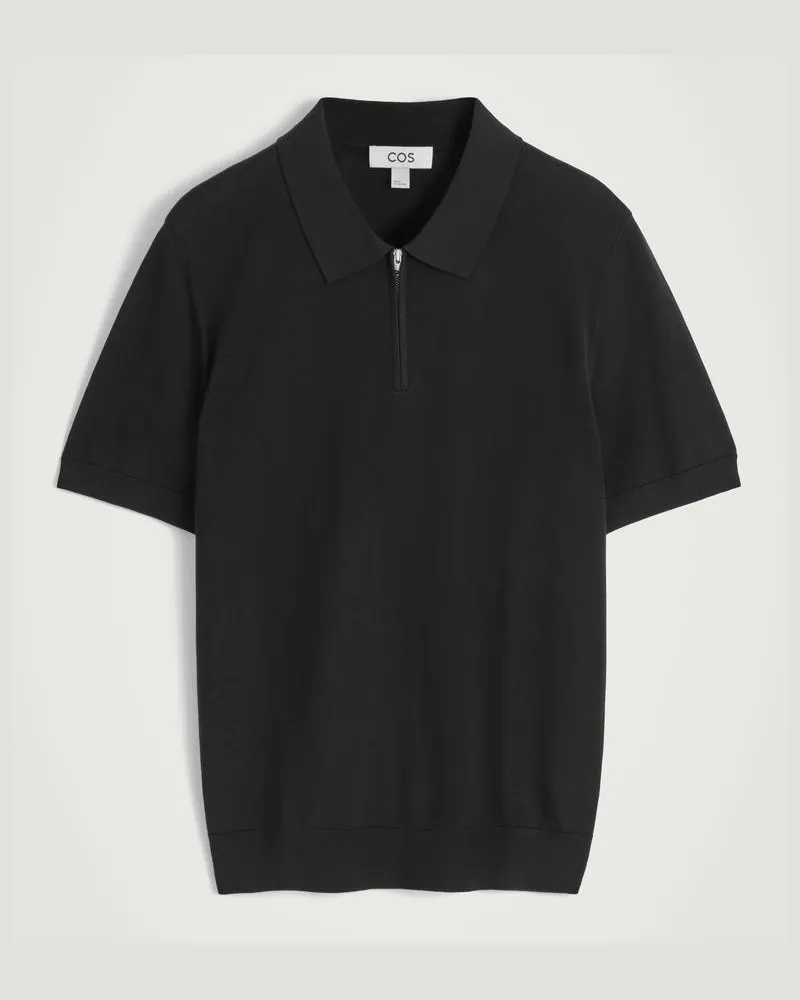 COS Slim Knitted Silk Zipup Polo Shirt Schwarz