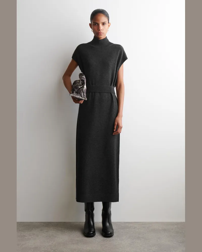COS Belt-Detail Merino Wool Funnel-Neck Dress Schwarz