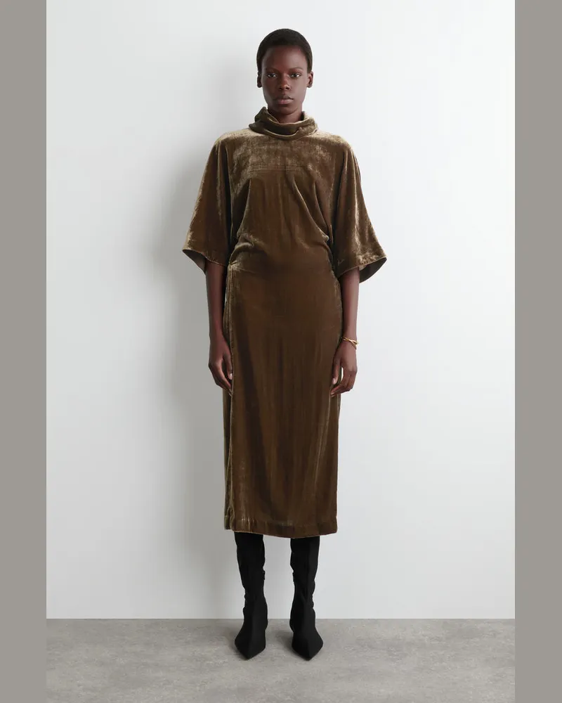 COS Midikleid Aus Samt Mit V-Ausschnitt Braun