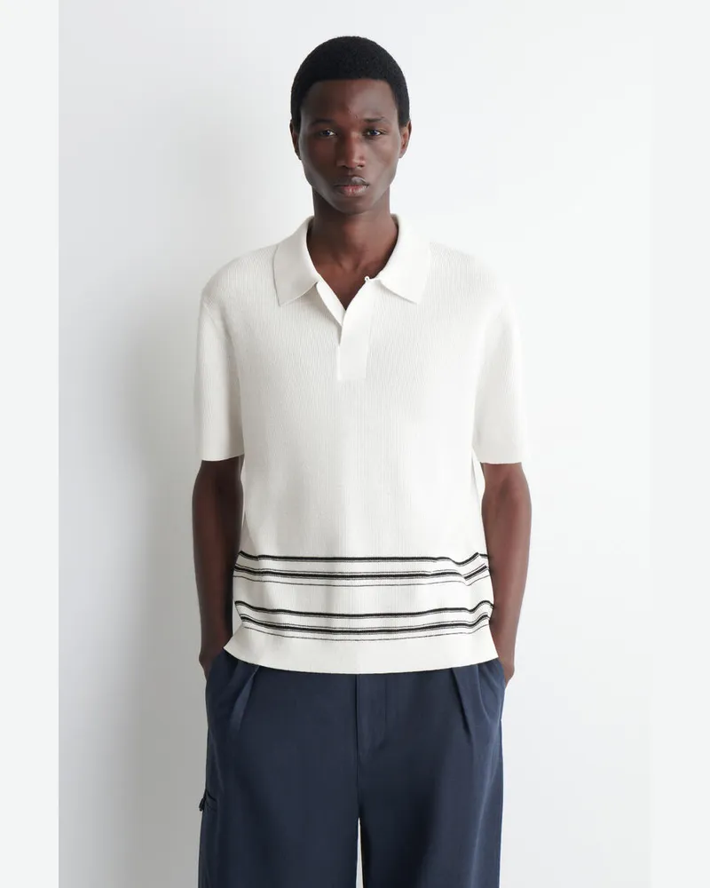 COS Gestreiftes Poloshirt Aus Baumwoll-Leinen-Mix Weiß