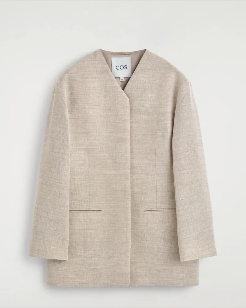 COS Kragenloser Strukturierter Wollblazer Beige