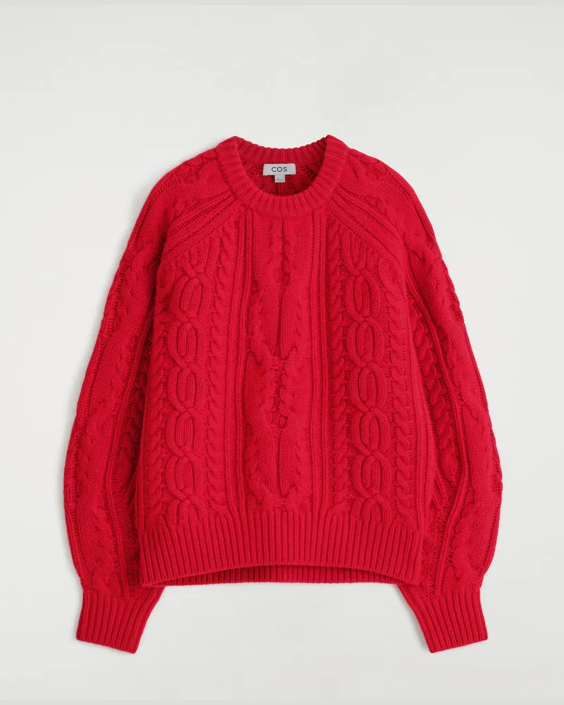 COS Pullover Aus Woll-Kaschmir-Mix Mit Zopfmuster Rot