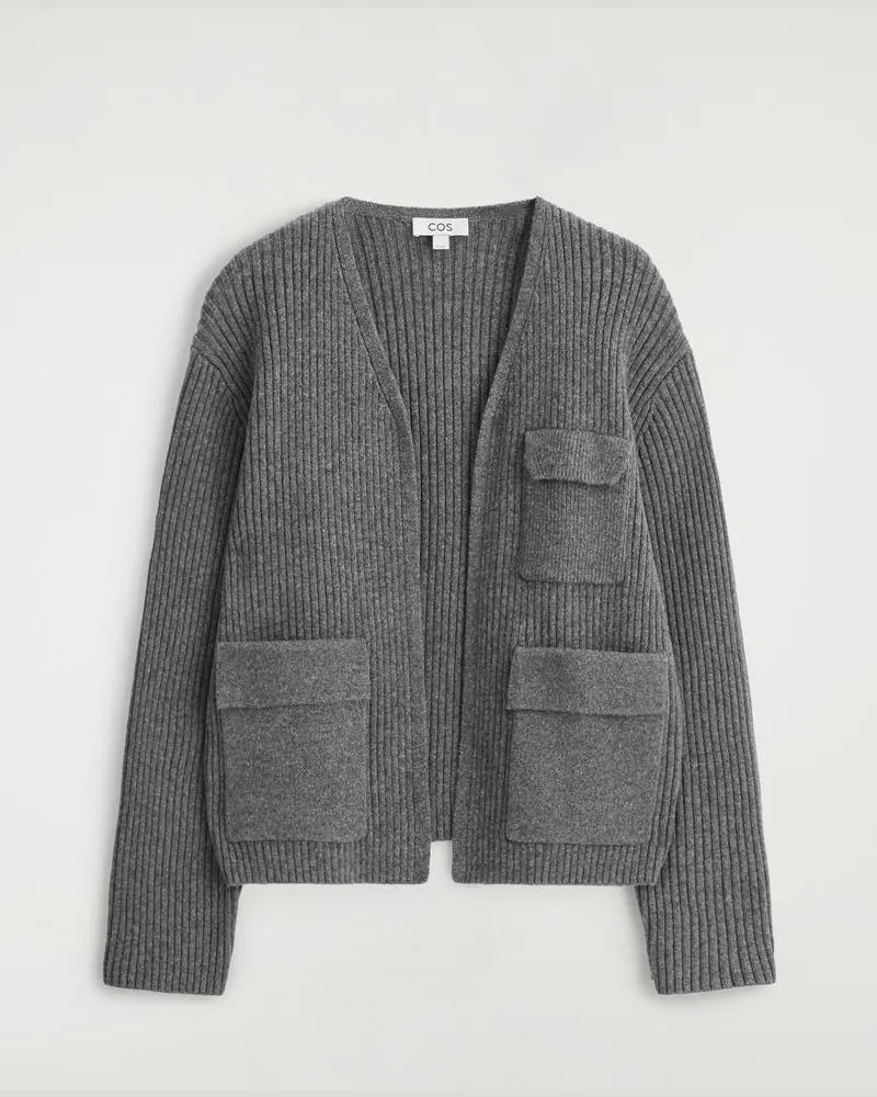 COS Gerippte Utility-Strickjacke Aus Merinowolle Grau