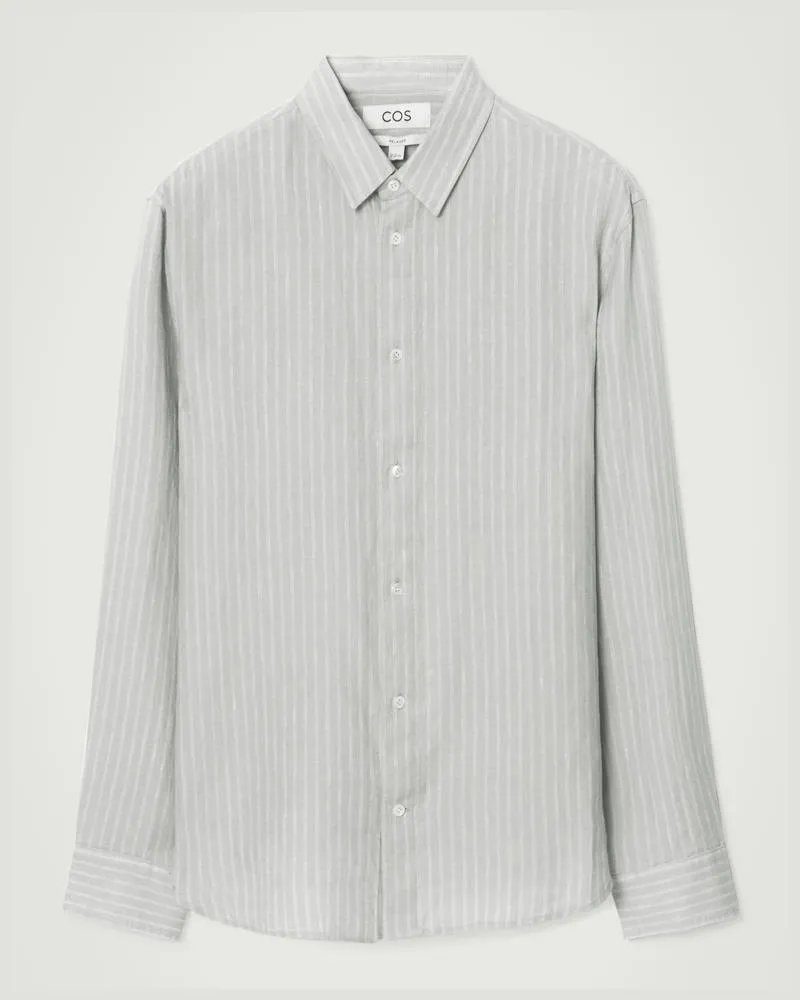 COS Lockeres Gestreiftes Langarmhemd Aus Leinen Grau
