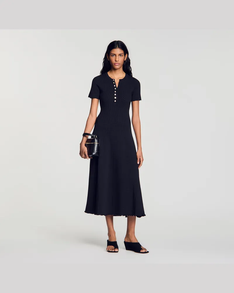 Sandro Langes Rippstrickkleid Schwarz