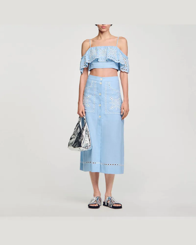 Sandro Langer bestickter Rock Himmel-blau