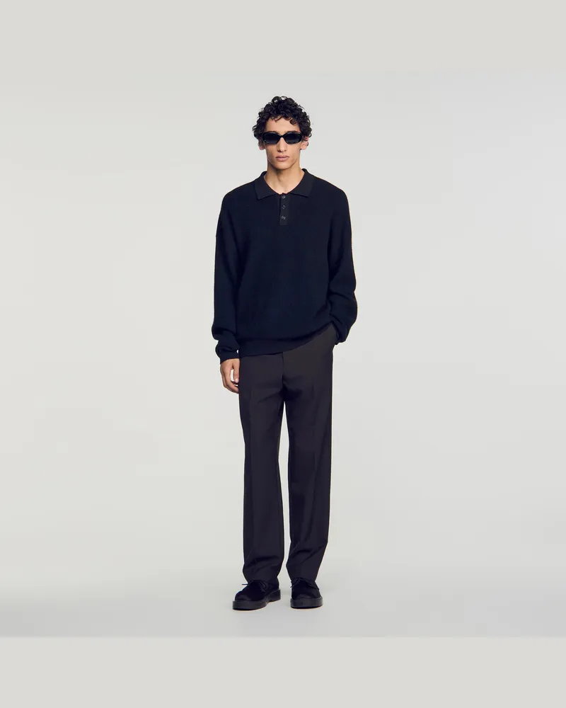 Sandro Rippstrick-Poloshirt aus Alpaka Schwarz