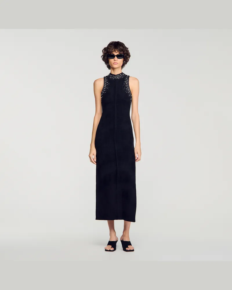 Sandro Langes Samtkleid mit Strassbesatz Schwarz
