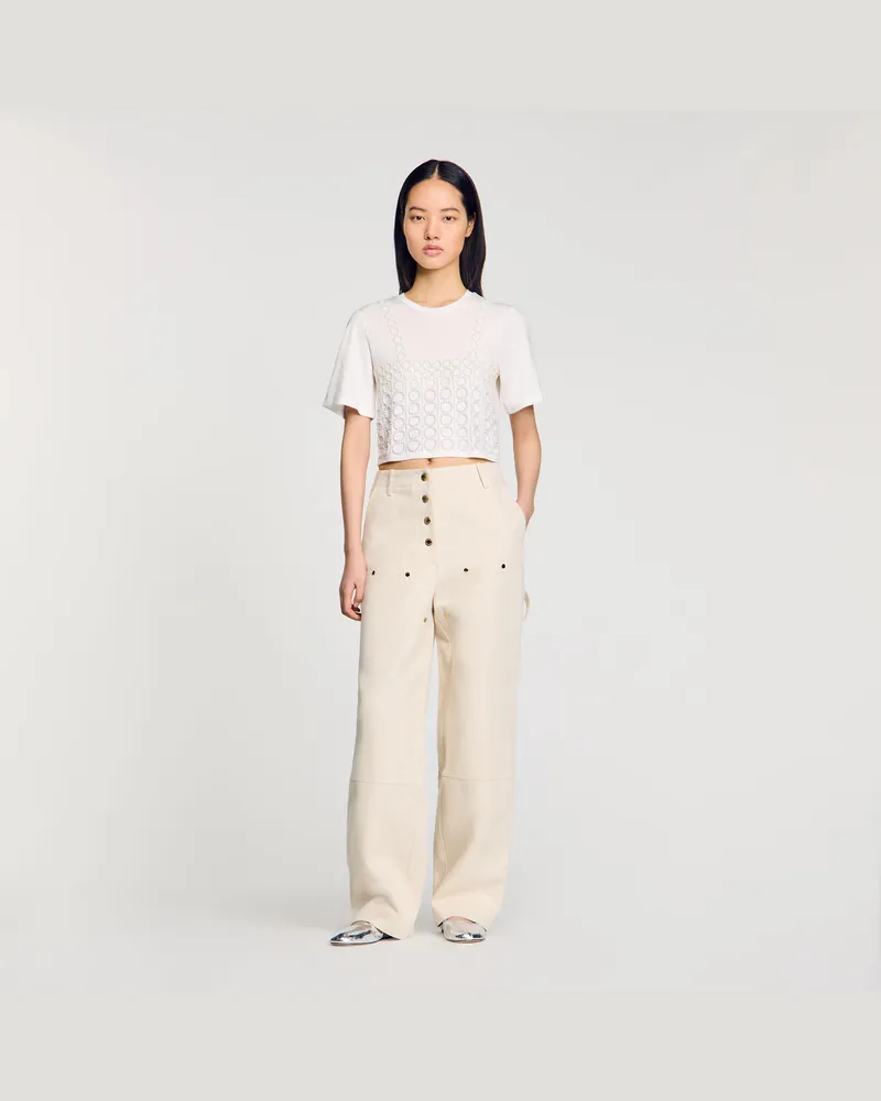 Sandro Crop-T-Shirt mit Perlenbesatz Weiß