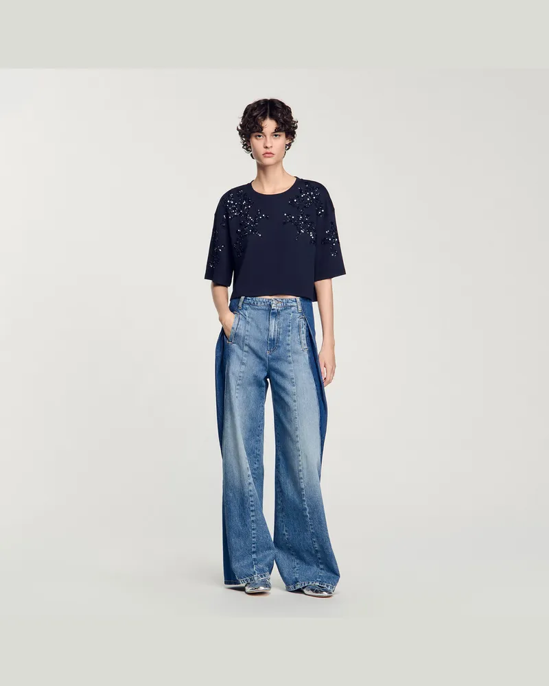 Sandro T-Shirt mit Perlendetails Marine