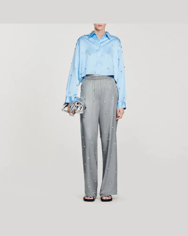 Sandro Hose aus Leinen mit Strass-Verzierung Grau