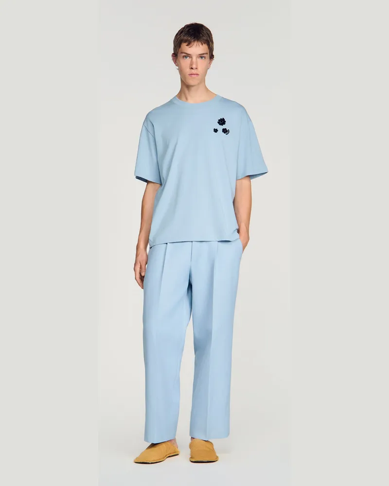 Sandro Baumwoll-T-Shirt mit Blumenmuster Himmel-blau