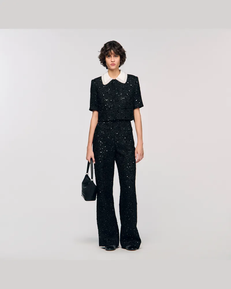 Sandro Kurze Tweedjacke mit Strass Schwarz
