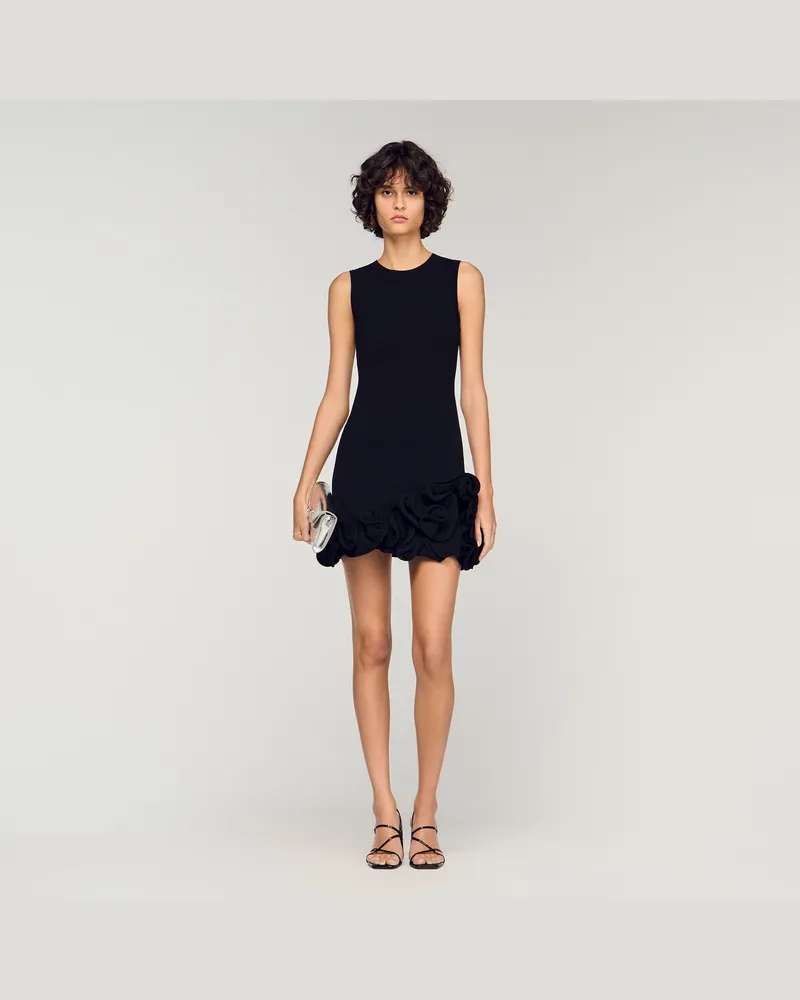 Sandro Kurzes Strickkleid mit Blumen Schwarz