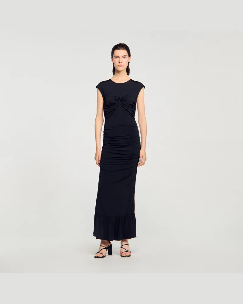 Sandro Langes drapiertes Kleid Schwarz