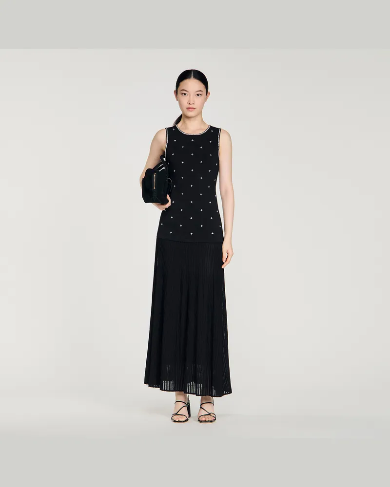 Sandro Langes Blumenkleid mit Strass Schwarz