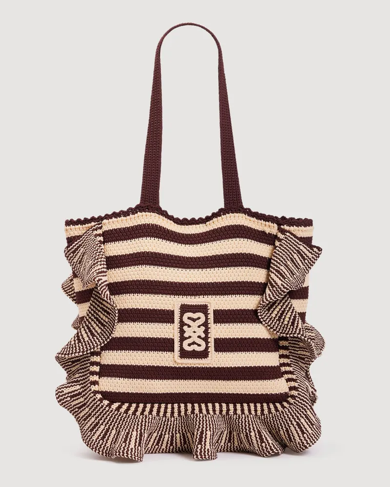 Sandro Gestreifte Häkeltasche Ecru