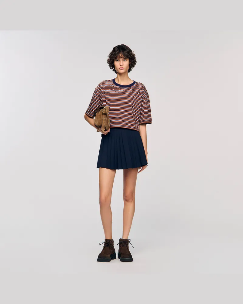 Sandro Gestreiftes T-Shirt mit Strass Marron
