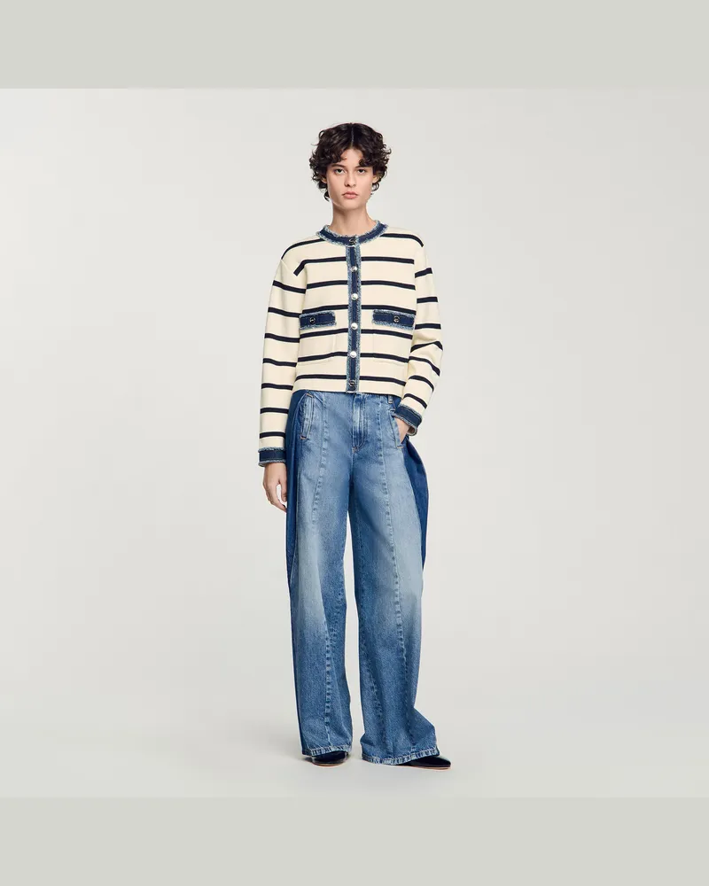 Sandro Streifen-Cardigan mit Denim-Details Ecru