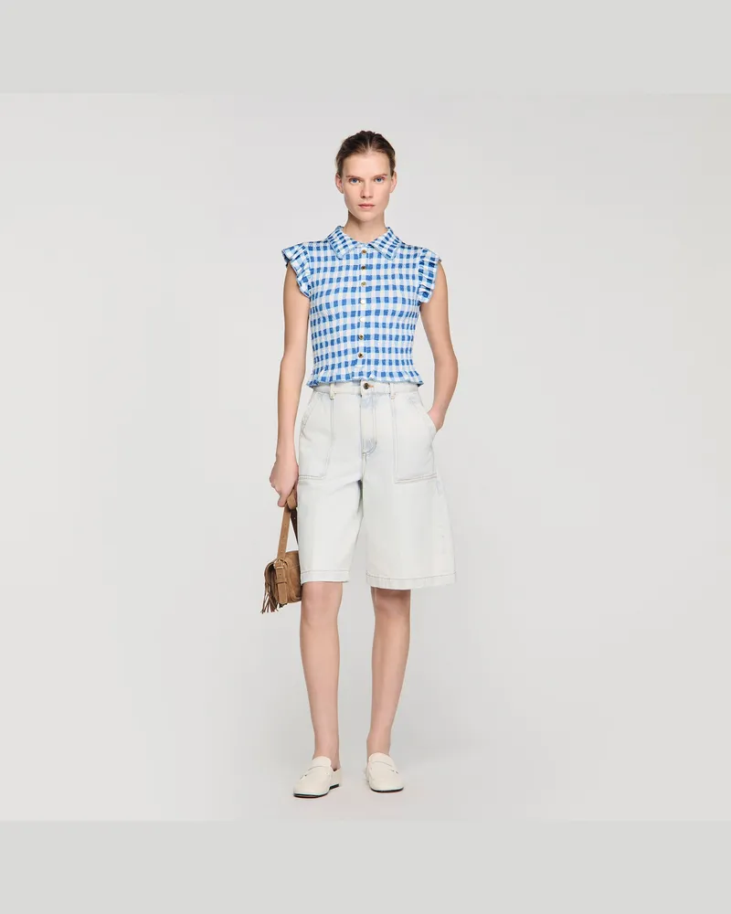 Sandro Gesmoktes T-Shirt mit Vichy-Muster Blau