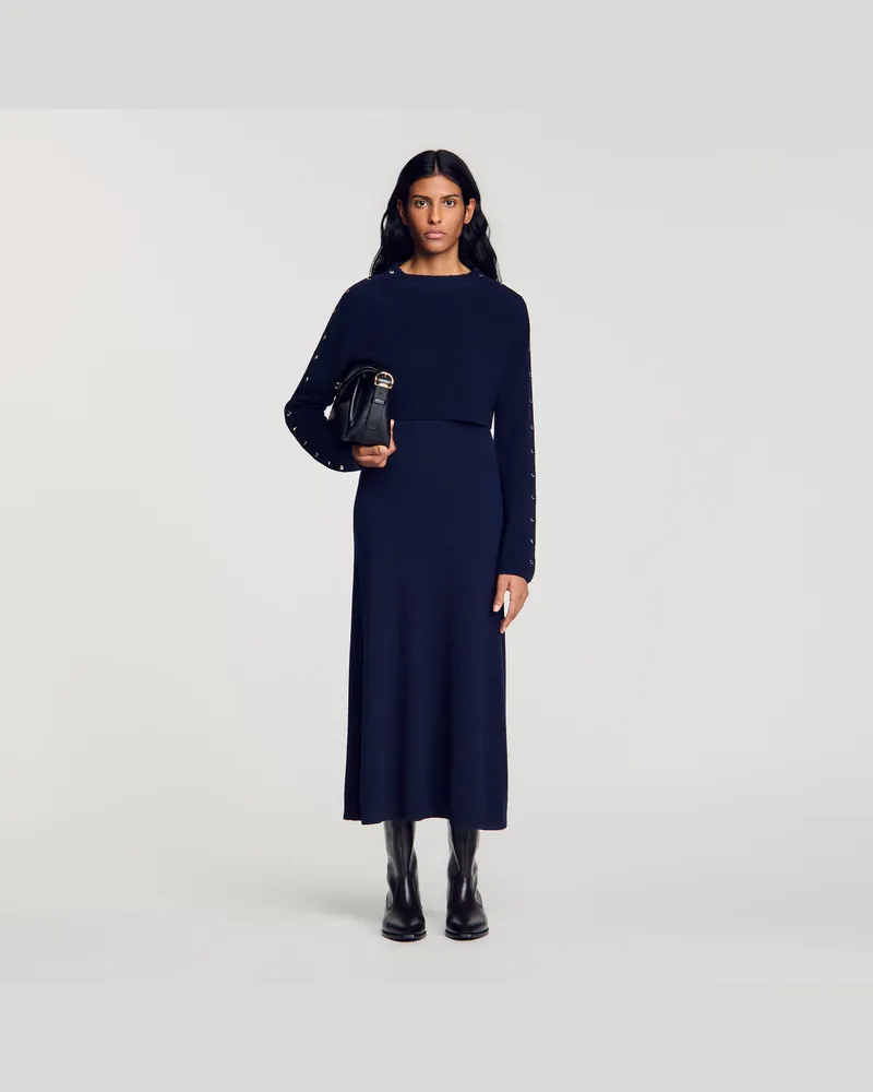 Sandro Langes Strickkleid im 2-in-1-Look Marine