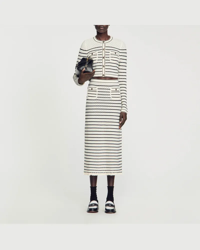 Sandro Midi-Rock aus gestreiftem Strick Weiß