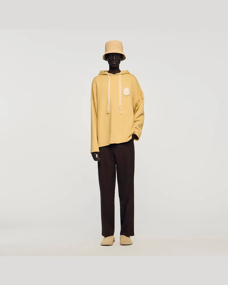 Sandro Baumwoll-Sweatshirt mit Häkelblume Ocher