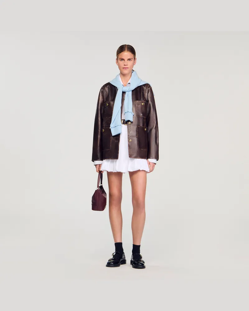 Sandro Lange Jacke aus gealtertem Leder Dunkel-braun