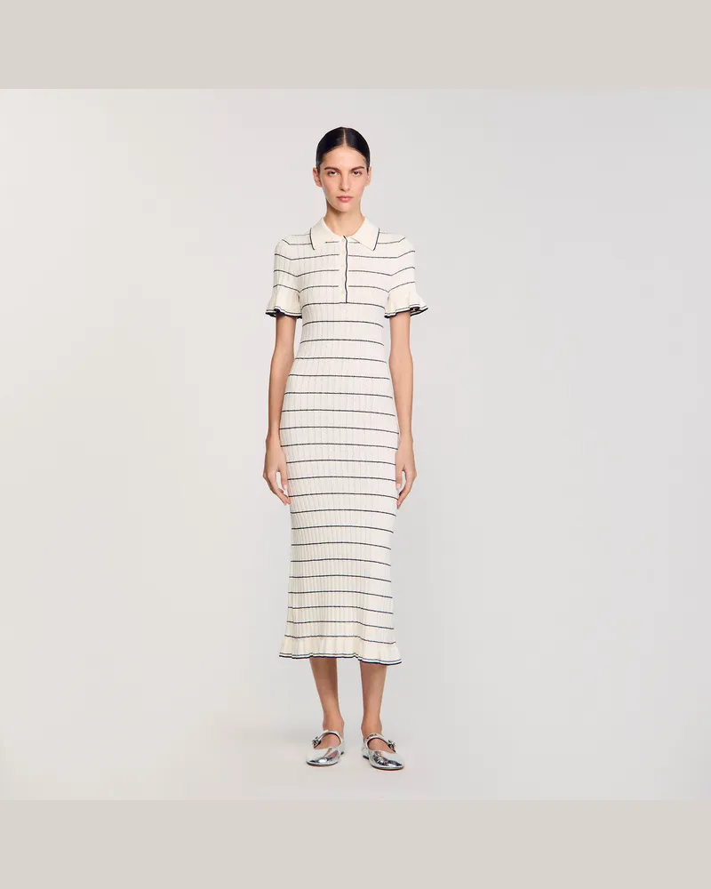 Sandro Langes Strickkleid mit Polokragen Ecru
