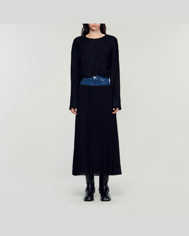 Sandro Langer Plisseerock aus Denim Schwarz