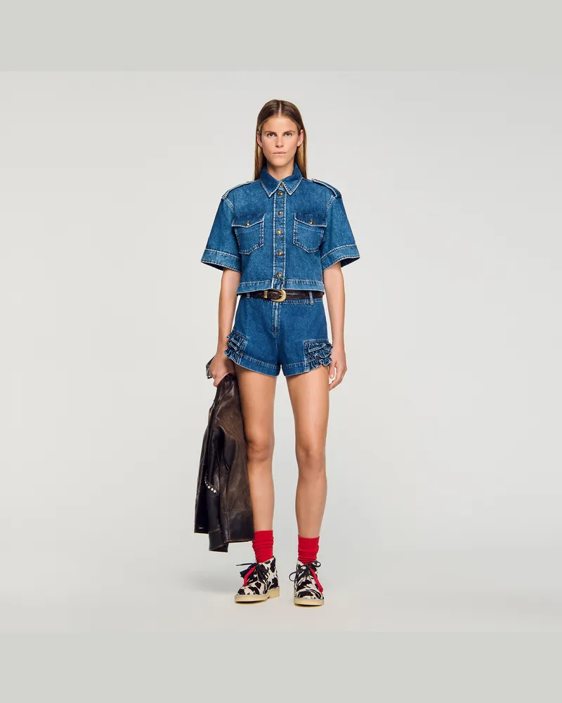Sandro Shorts aus Denim mit Volants Jeansblau