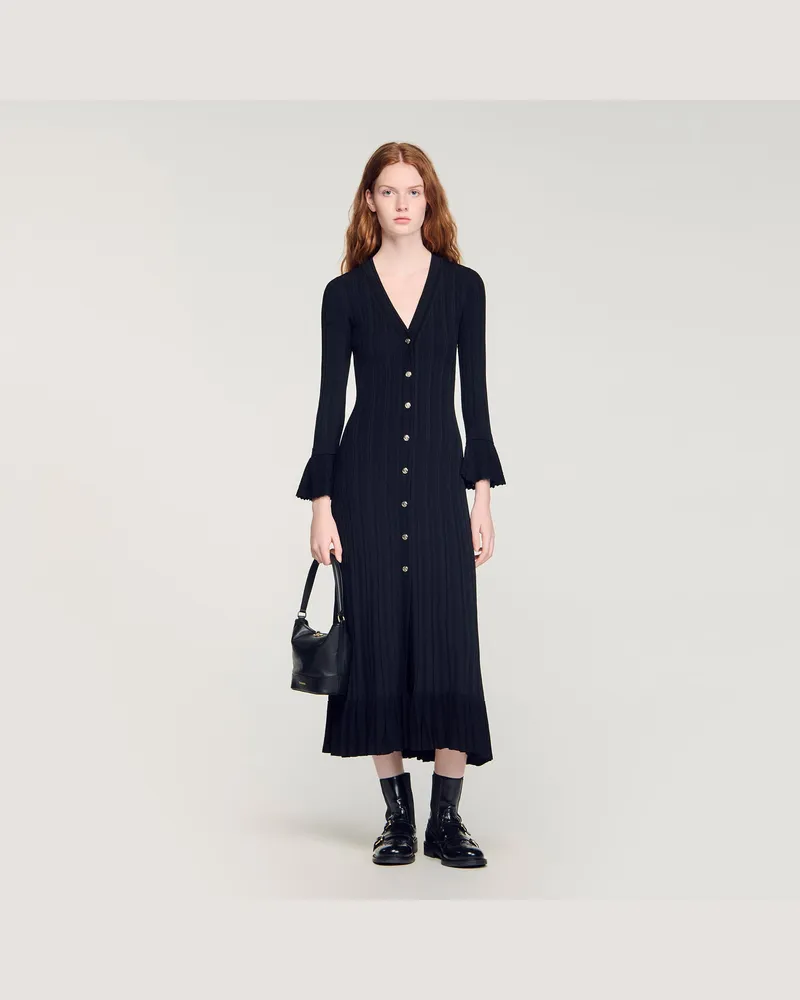Sandro Langes Strickkleid mit Volant Schwarz