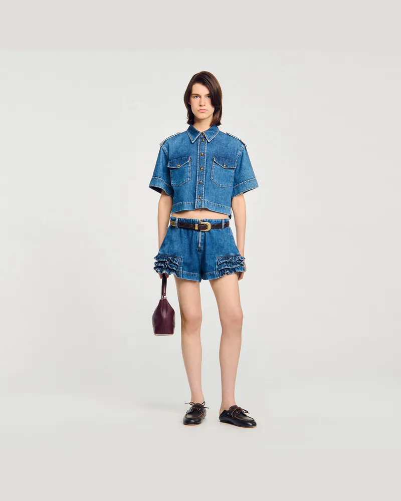 Sandro Shorts aus Denim mit Volants Jeansblau