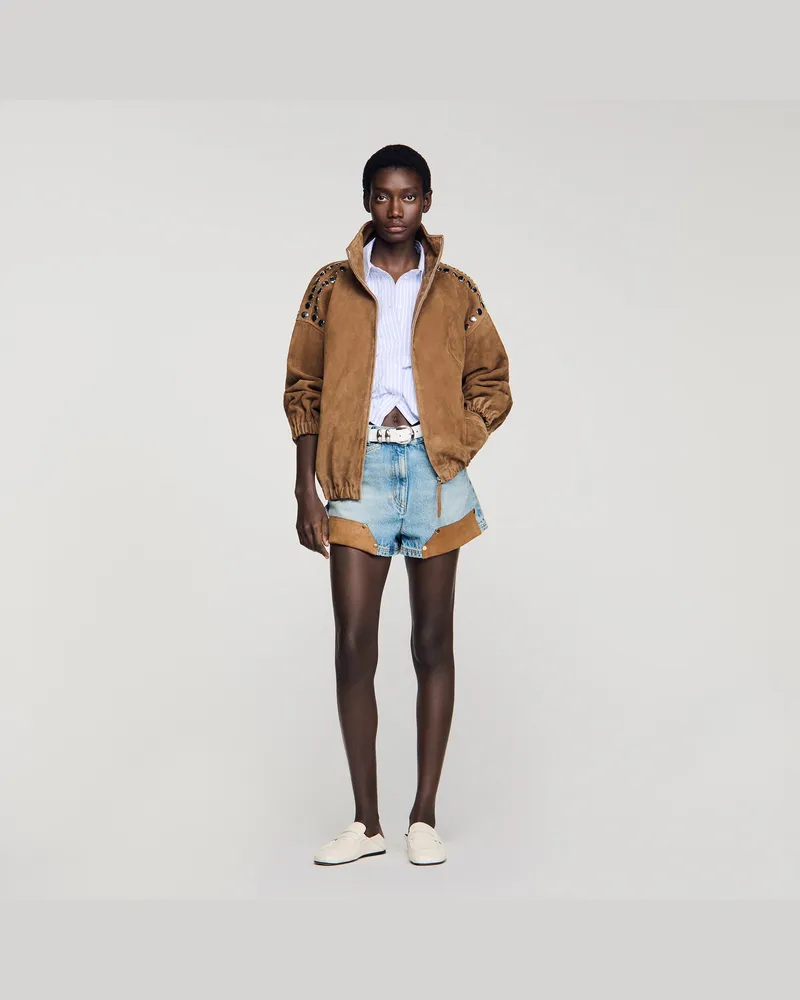 Sandro Velourslederjacke mit Nieten Kamel