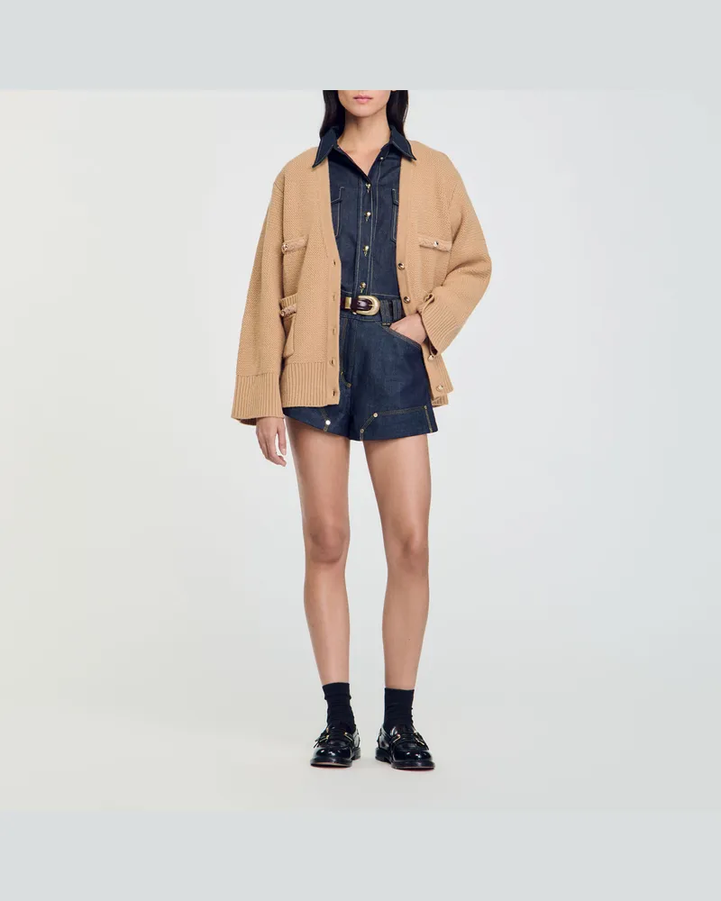 Sandro Langer Cardigan aus Wolle Kamel