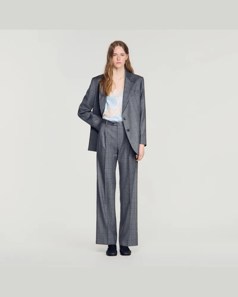 Sandro Karierte Wollhose mit Strass Dunkel-grau