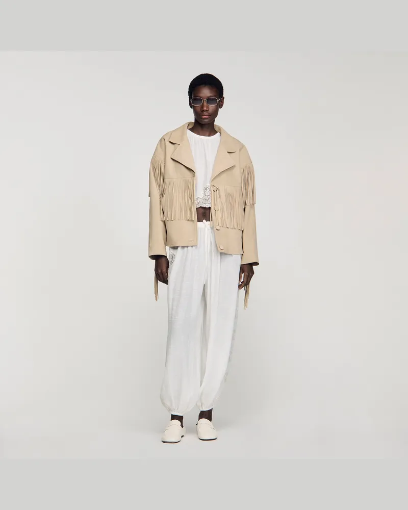 Sandro Velourslederjacke mit Fransen Beige