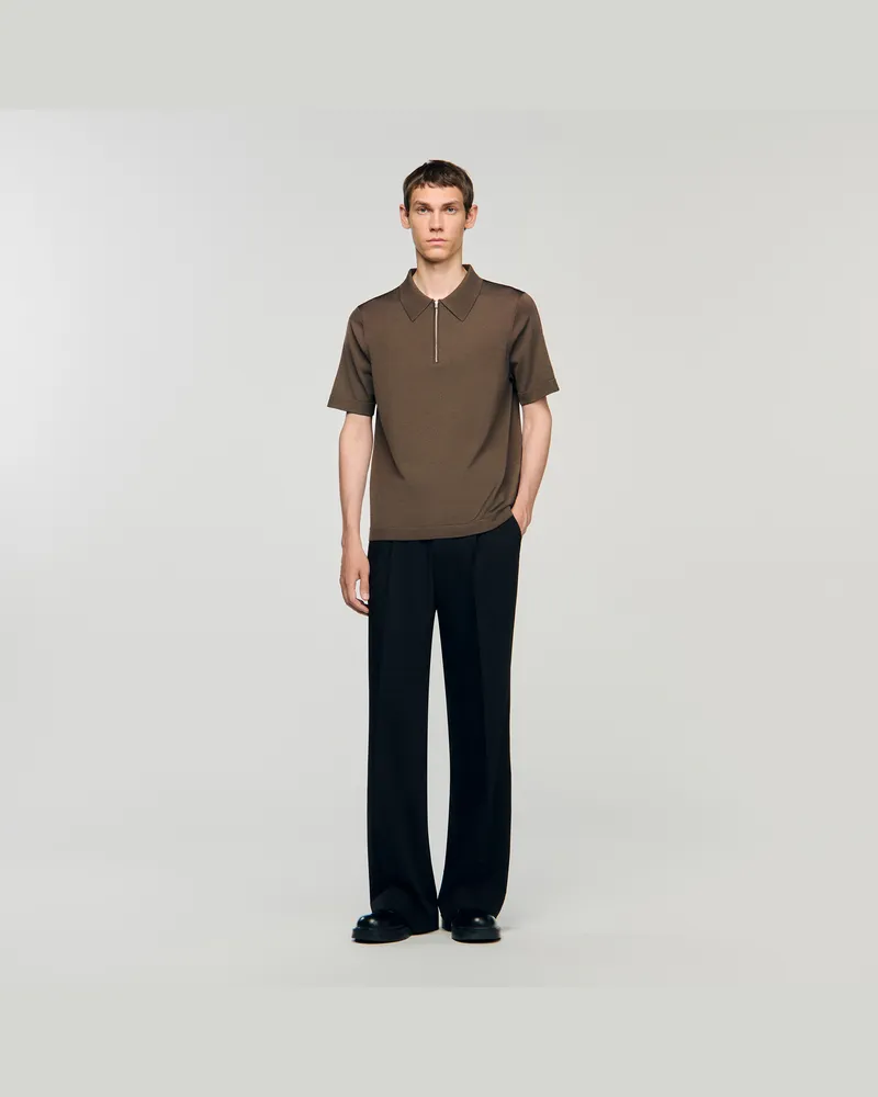 Sandro Poloshirt aus Strick mit Reißverschluss Taupe