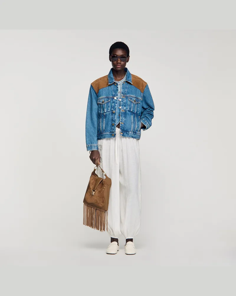 Sandro Blouson aus Denim und Veloursleder Hell-jeansblau