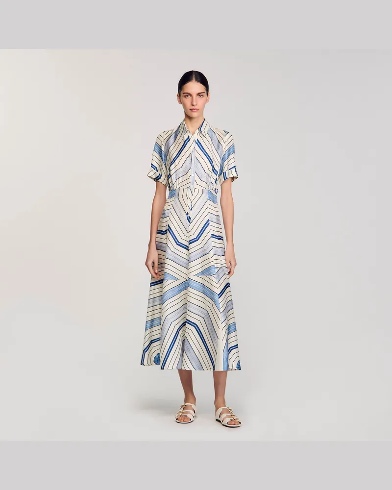 Sandro Midikleid aus Seide mit Spiralen Himmel-blau
